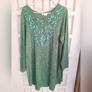 Forest Green Dress SzXL-1X Crinkle Fabric Long Sleeve Ribbon Design Curve Hem